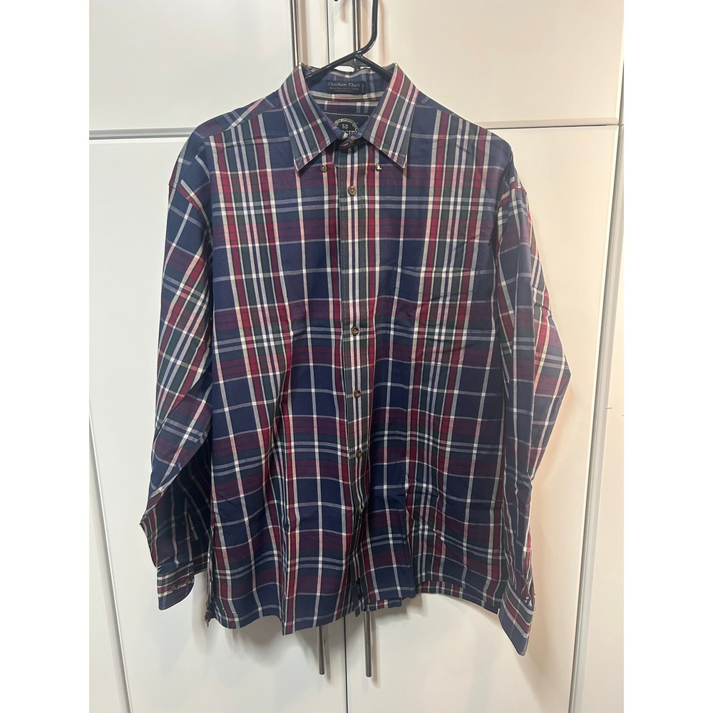 BD Baggies Chatham Cloth Mens Large Plaid Button Down Shirt Navy Red Long Sleeve
